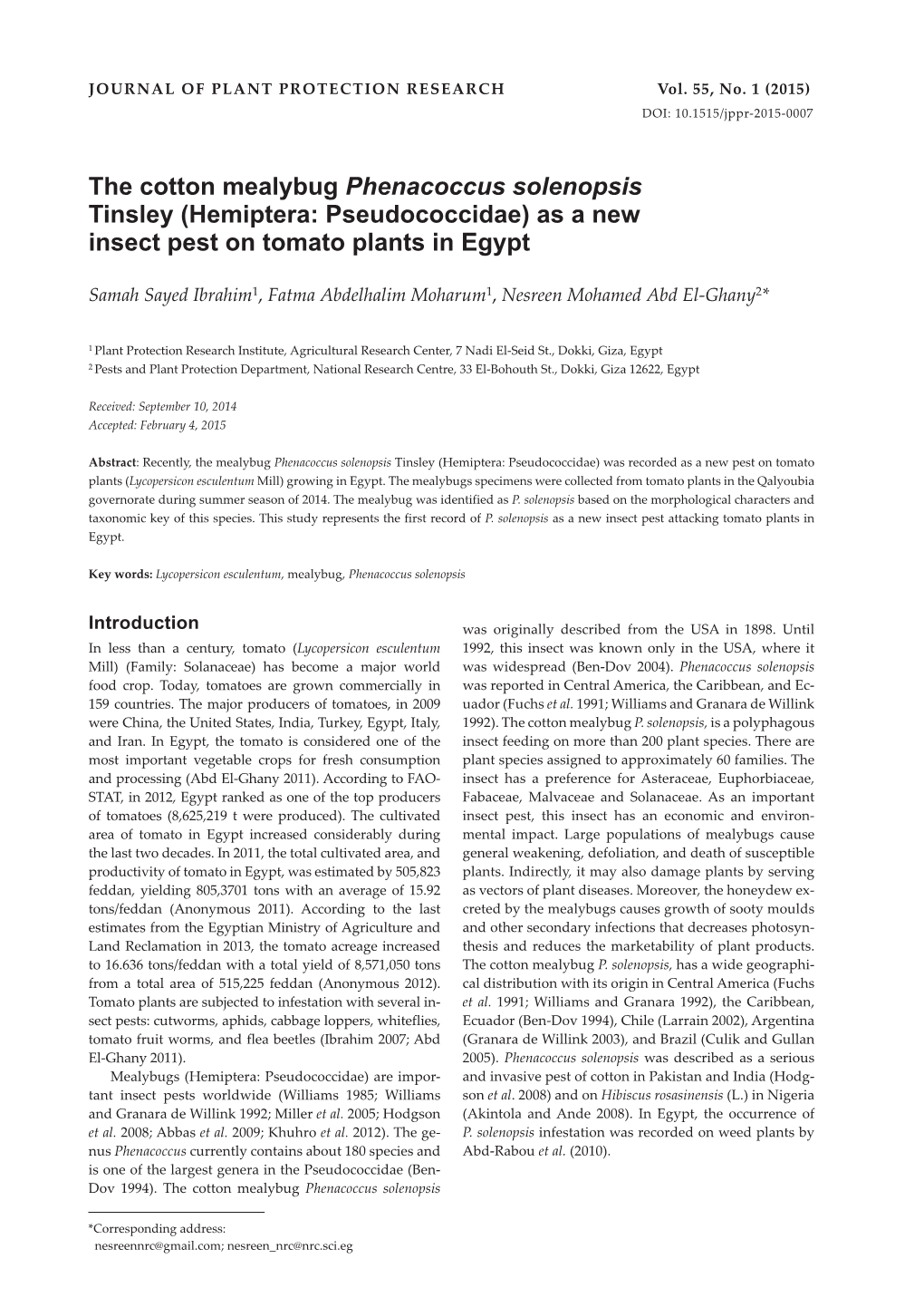 The Cotton Mealybug Phenacoccus Solenopsis Tinsley (Hemiptera: Pseudococcidae) As a New Insect Pest on Tomato Plants in Egypt