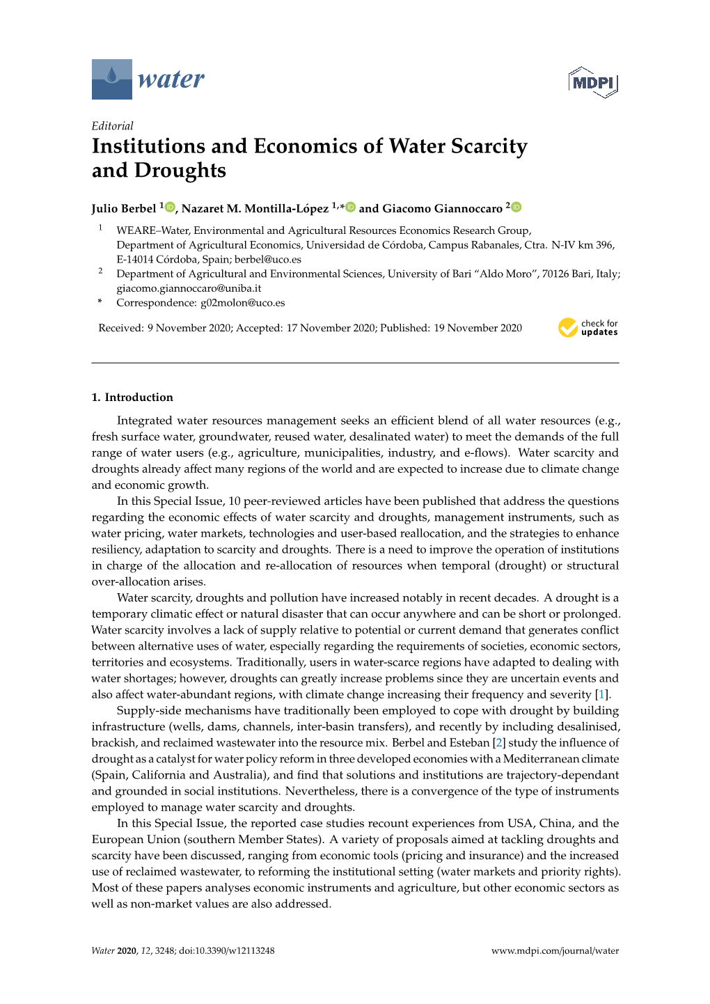 Institutions and Economics of Water Scarcity and Droughts