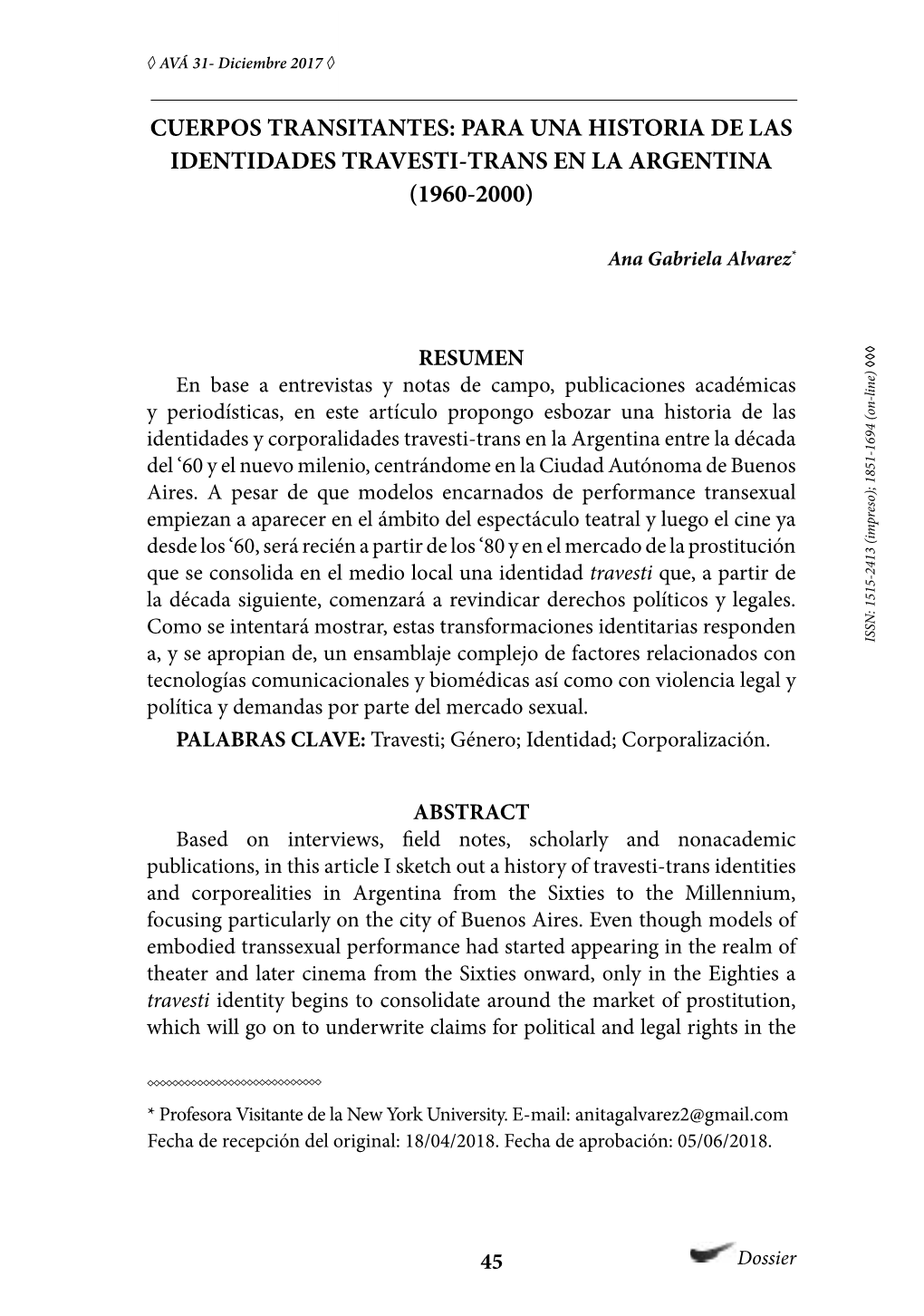 Cuerpos Transitantes: Para Una Historia De Las Identidades Travesti-Trans En La Argentina (1960-2000)