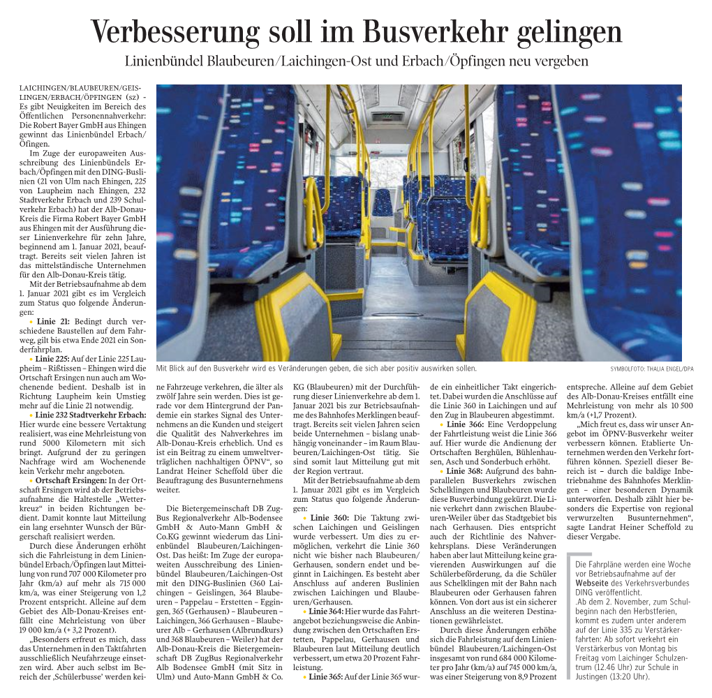 Verbesserung Soll Im Busverkehr Gelingen Linienbündel Blaubeuren/Laichingen-Ost Und Erbach/Öpfingen Neu Vergeben