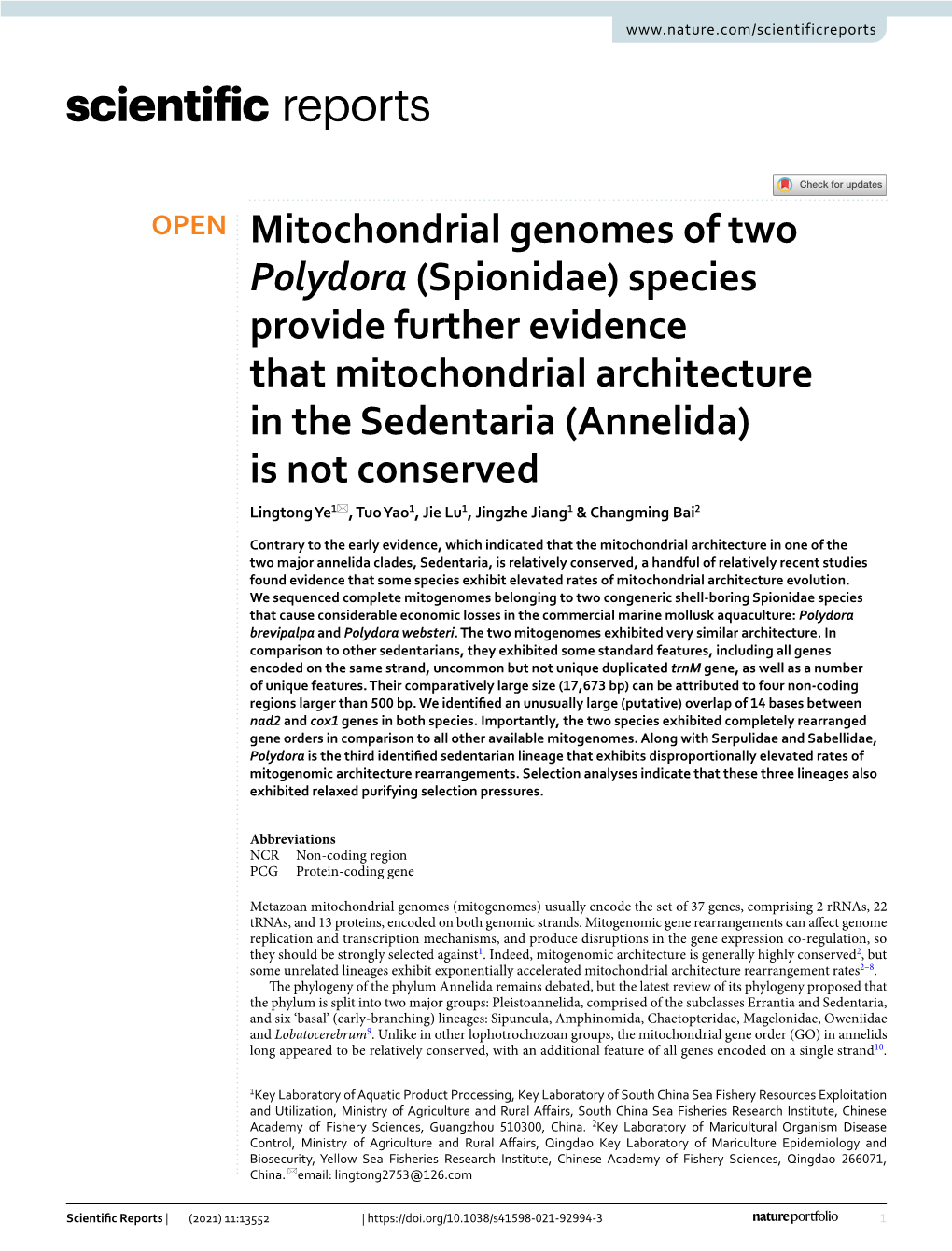 Mitochondrial Genomes of Two Polydora