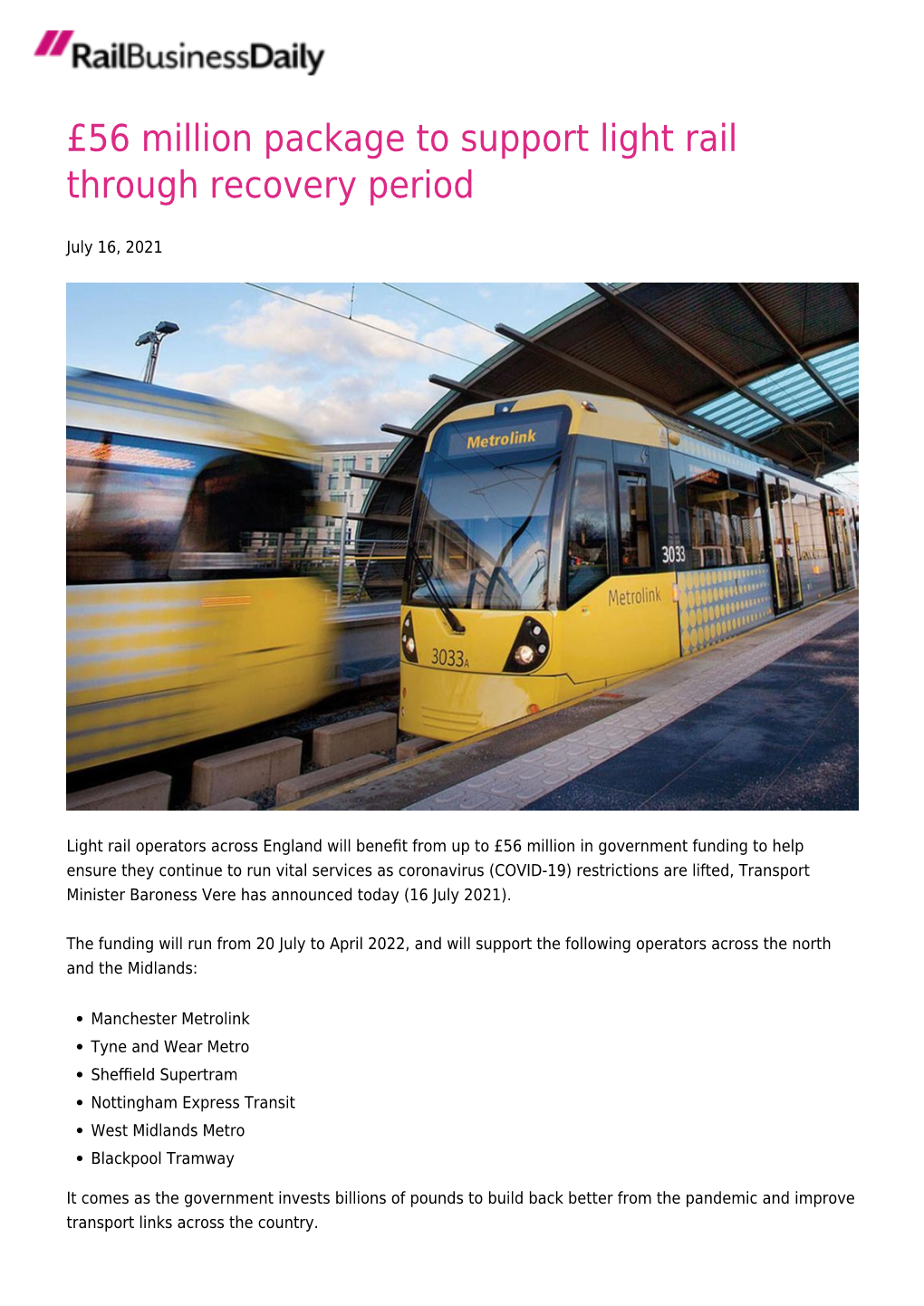 £56 Million Package to Support Light Rail Through Recovery Period