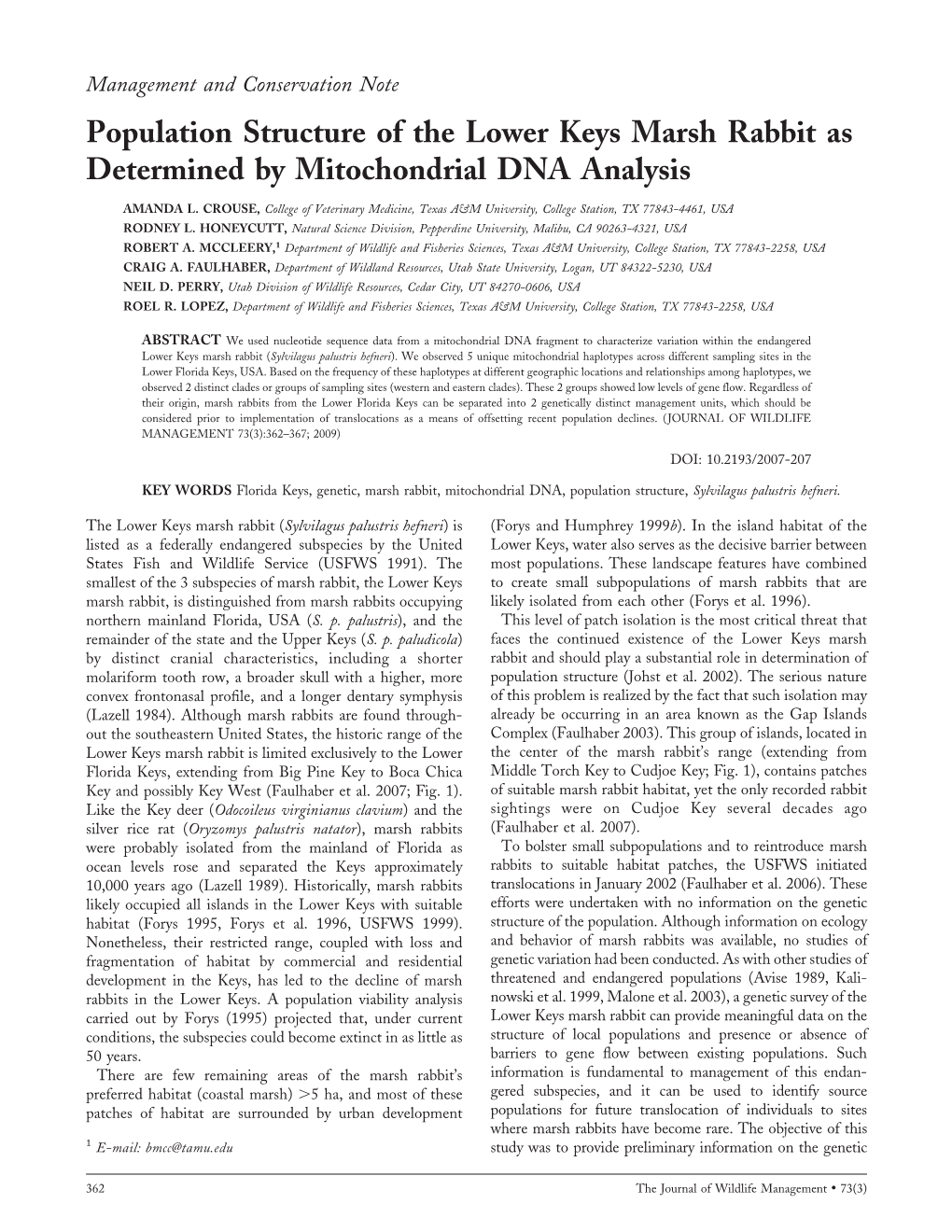 Population Structure of the Lower Keys Marsh Rabbit As Determined by Mitochondrial DNA Analysis