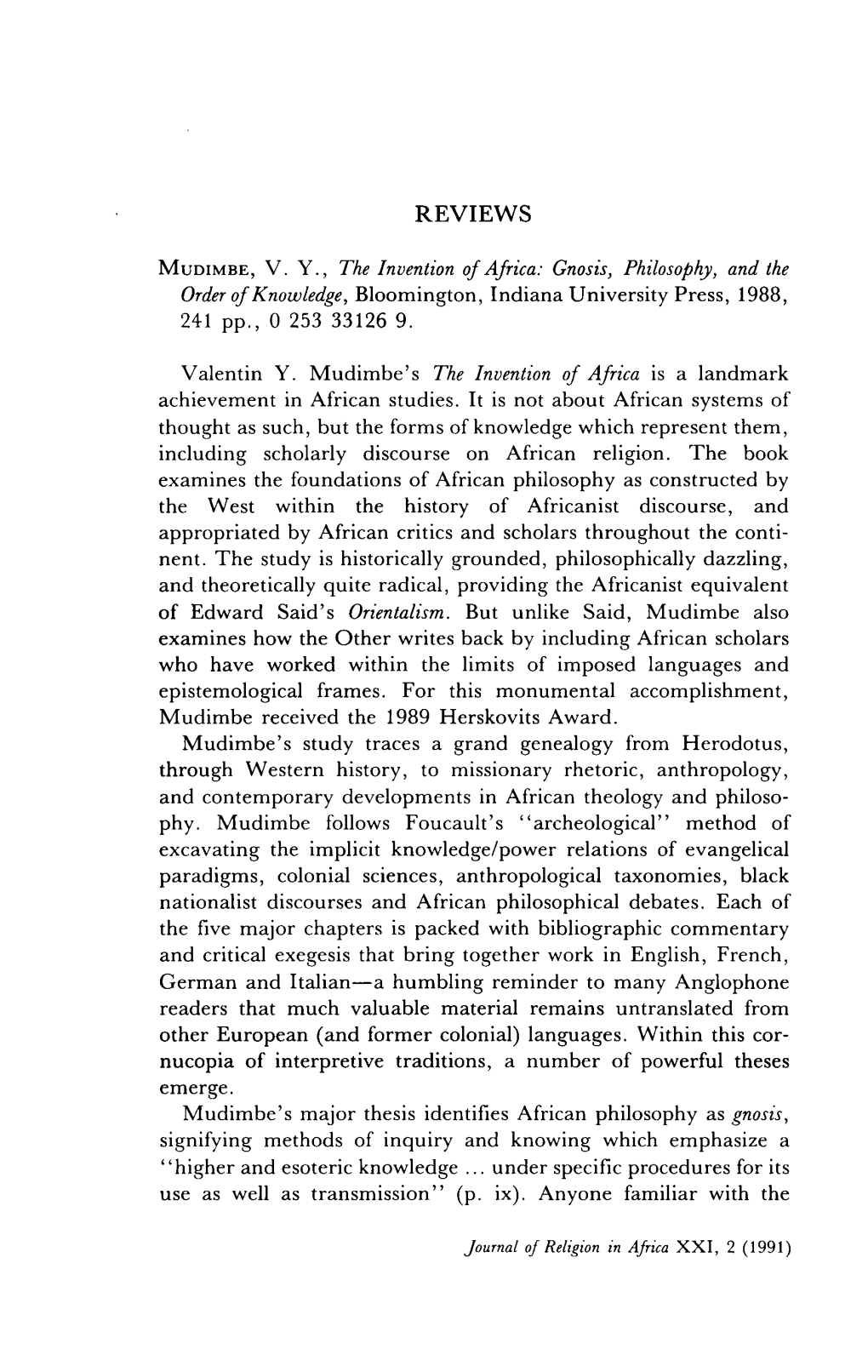 REVIEWS MUDIMBE, VY, the Invention of Africa