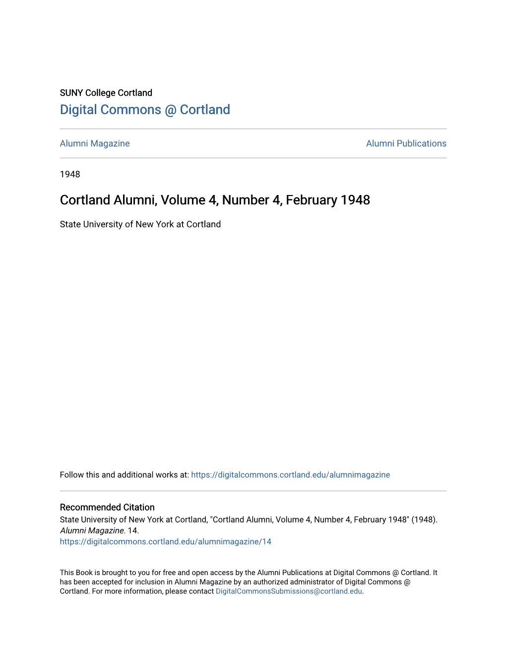 Cortland Alumni, Volume 4, Number 4, February 1948