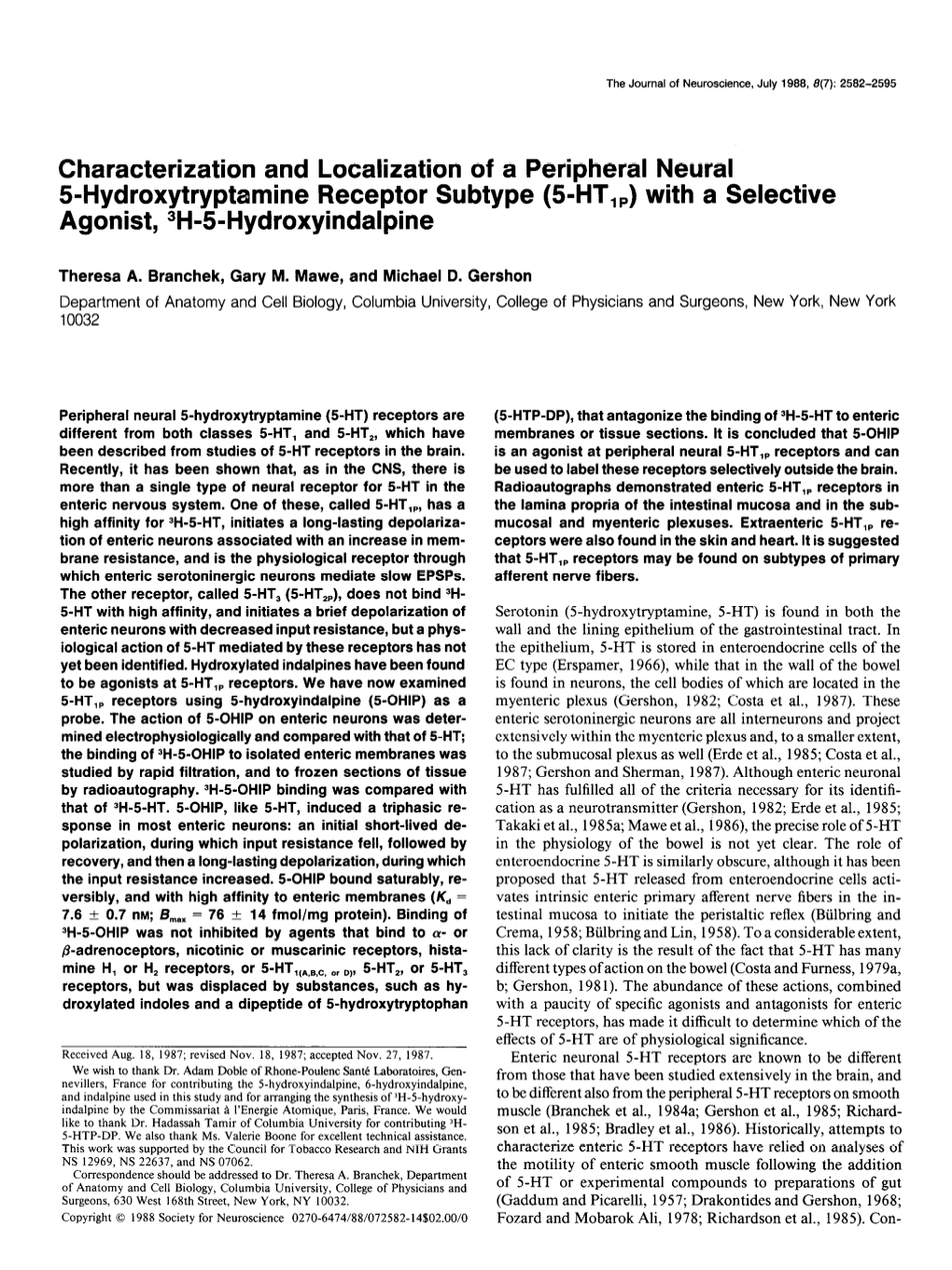 Characterization and Localization of a Peripheral Neural 5Hydroxytryptamine Receptor Subtype (5=HT,,) with a Selective Agonist, 3H-5-Hydroxyindalpine