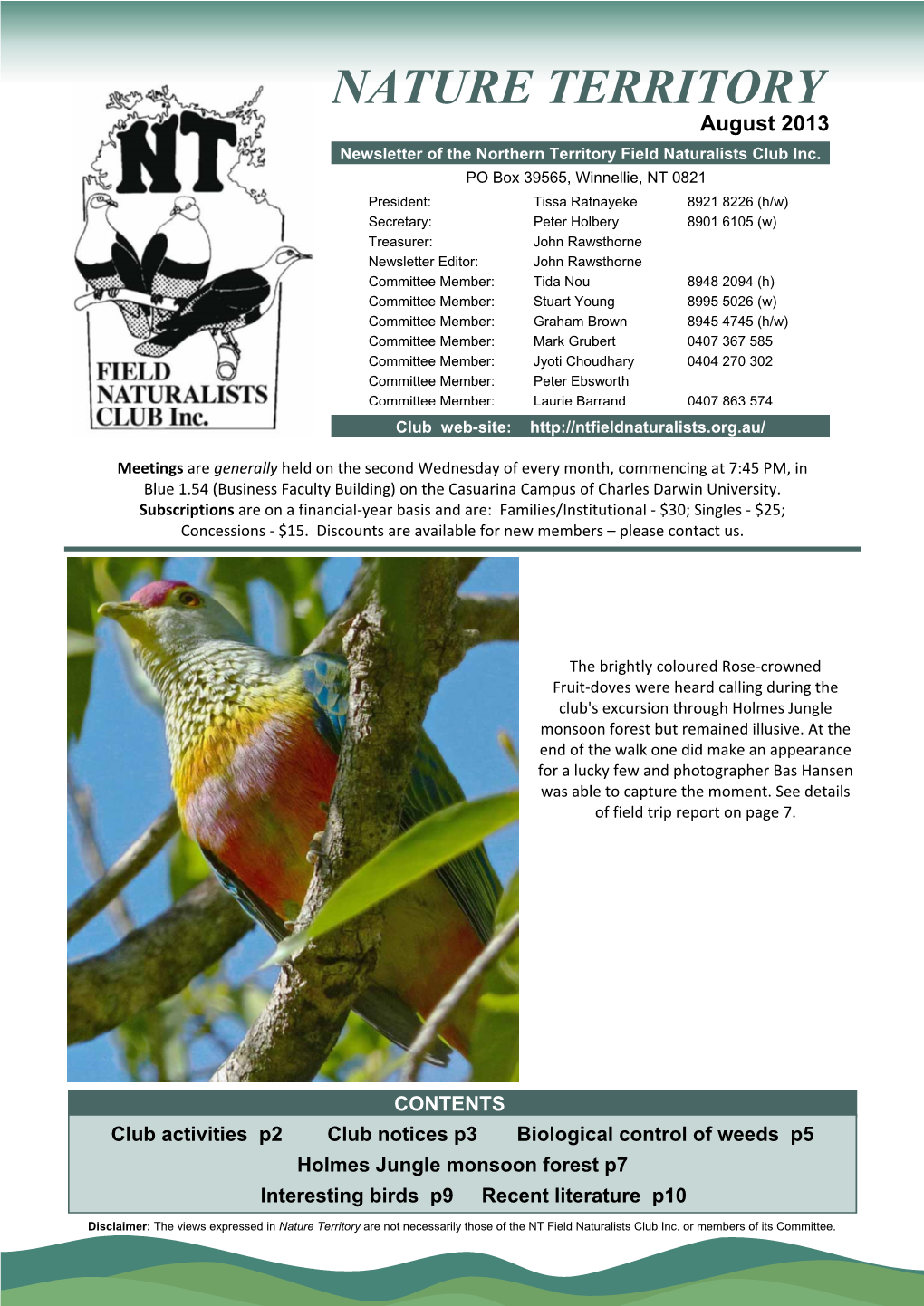 NATURE TERRITORY August 2013 Newsletter of the Northern Territory Field Naturalists Club Inc