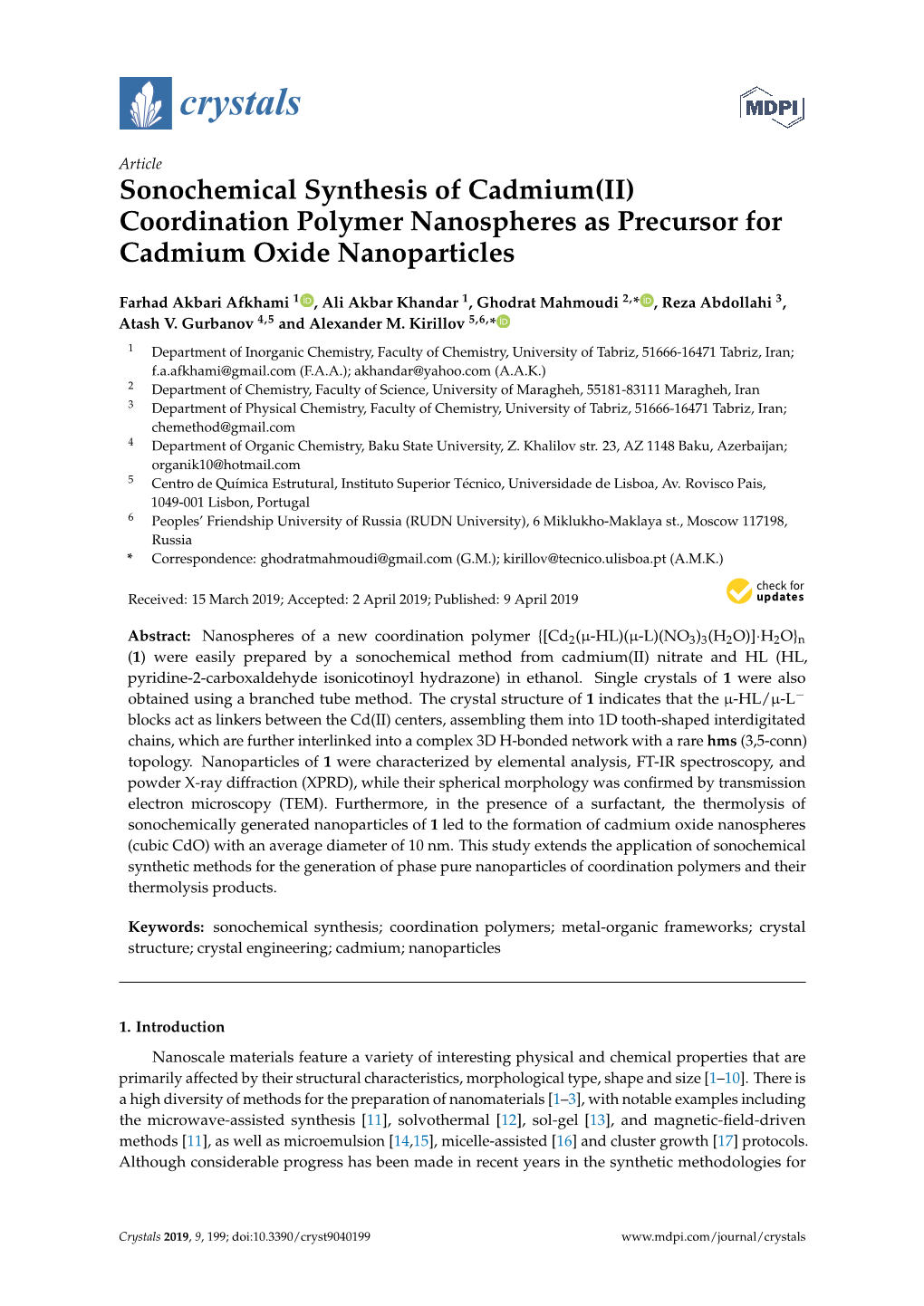 Sonochemical Synthesis of Cadmium(II) Coordination Polymer Nanospheres As Precursor for Cadmium Oxide Nanoparticles