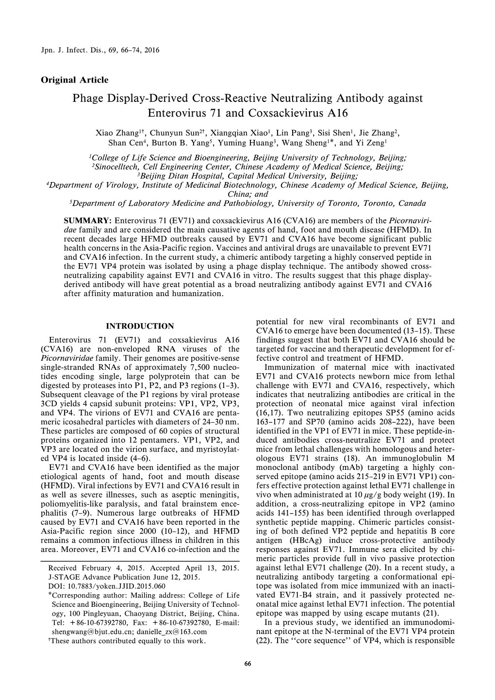 Phage Display-Derived Cross-Reactive Neutralizing Antibody Against Enterovirus 71 and Coxsackievirus A16