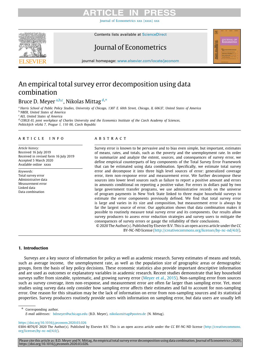 Journal of Econometrics an Empirical Total Survey Error Decomposition