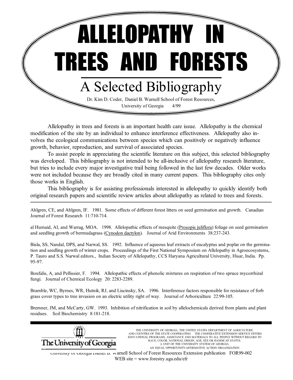 ALLELOPATHY in TREES and FORESTS a Selected Bibliography Dr