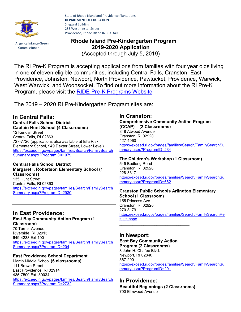 Rhode Island Pre-Kindergarten Program 2019-2020 Application (Accepted Through July 5, 2019) the RI Pre-K Program Is Accepting Ap