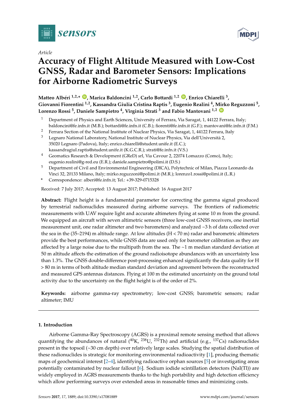 Accuracy of Flight Altitude Measured with Low-Cost GNSS, Radar and Barometer Sensors: Implications for Airborne Radiometric Surveys