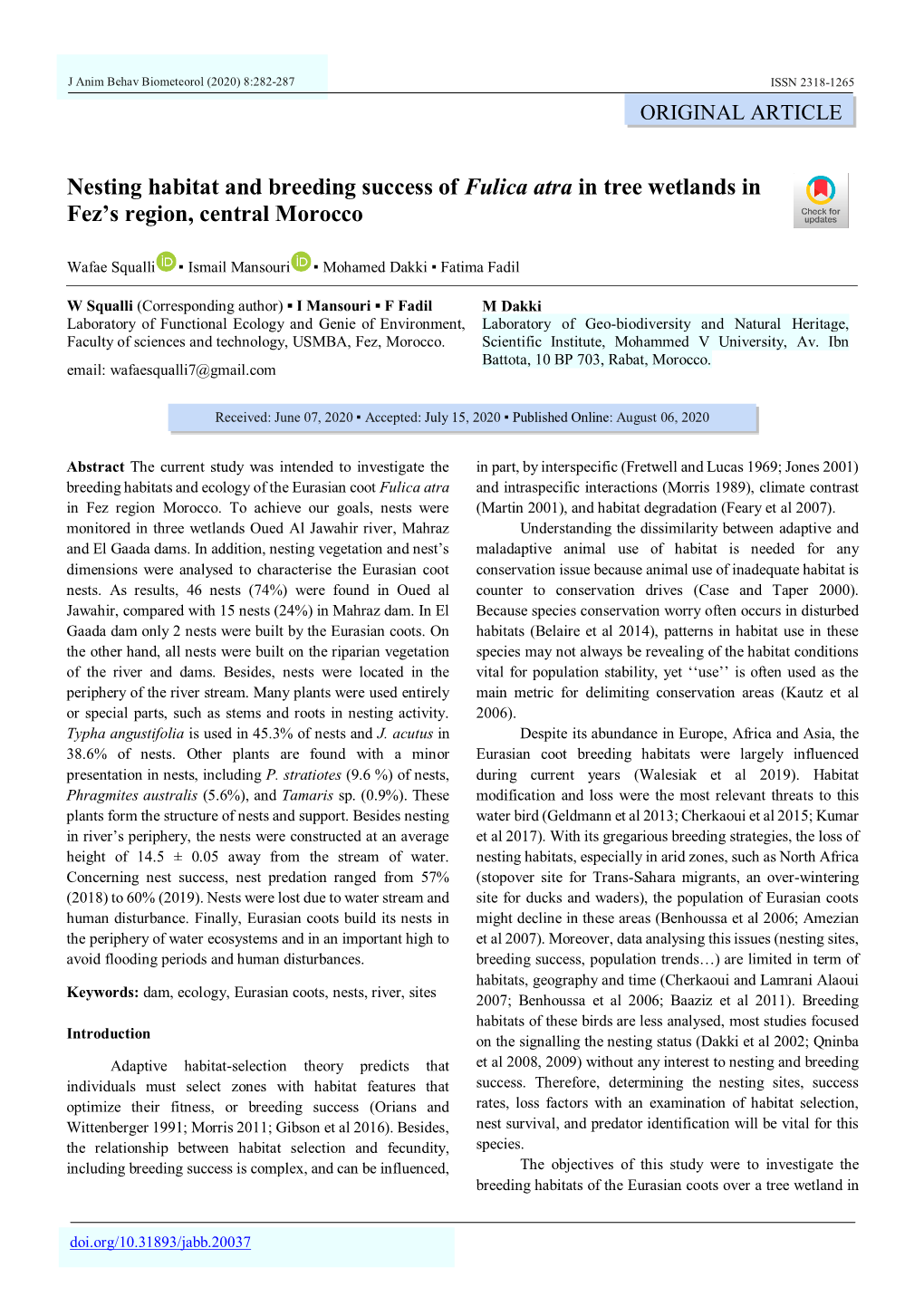 Nesting Habitat and Breeding Success of Fulica Atra in Tree Wetlands in Fez's Region, Central Morocco