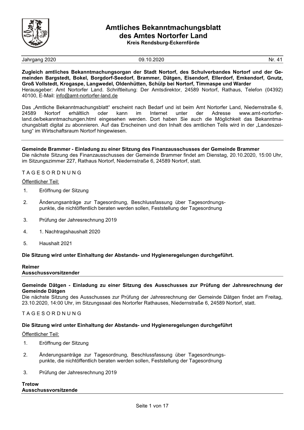 Amtliches Bekanntmachungsblatt Des Amtes Nortorfer Land Kreis Rendsburg-Eckernförde