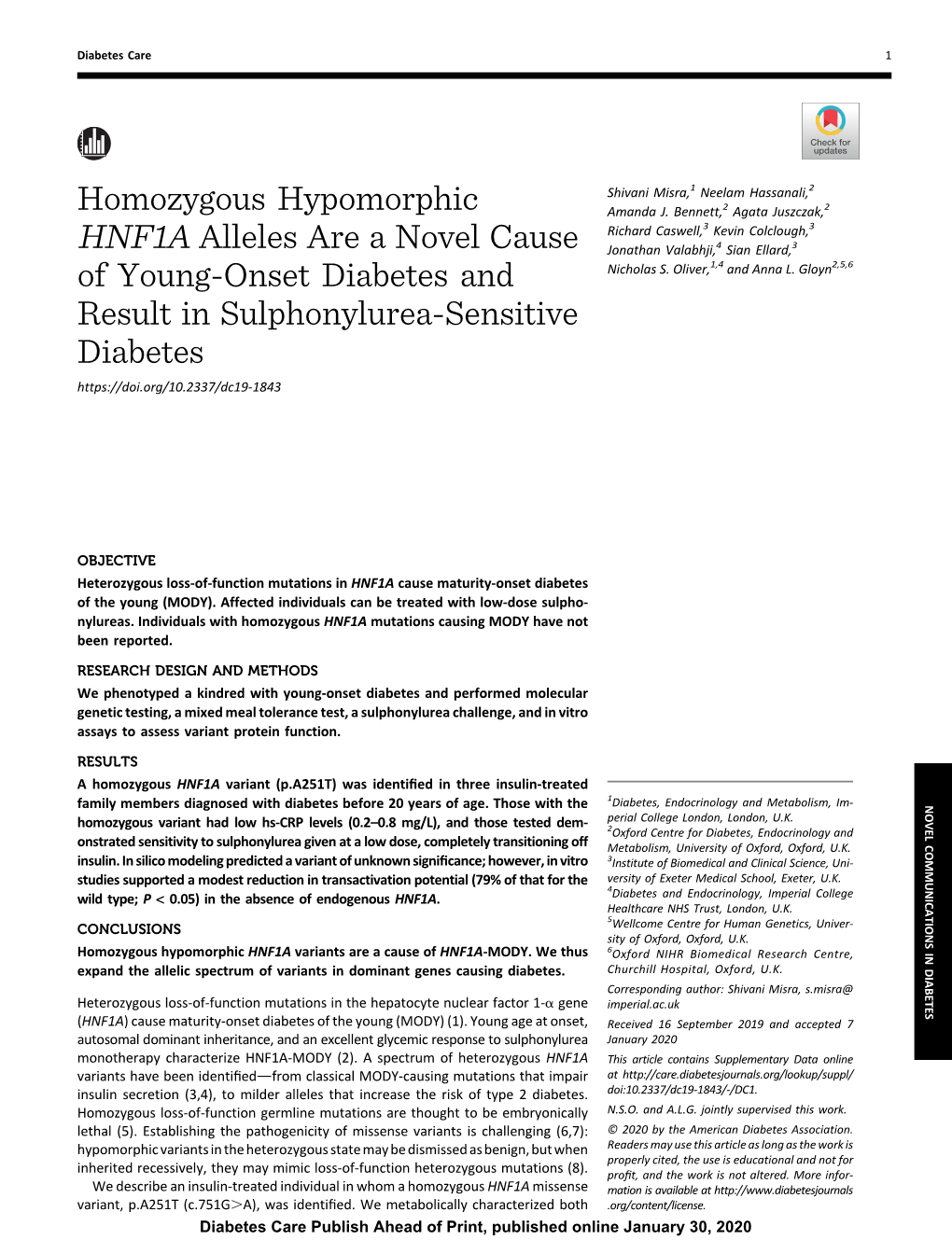 Homozygous Hypomorphic HNF1A Alleles Are a Novel Cause of Young-Onset Diabetes and Result in Sulphonylurea-Sensitive Diabetes