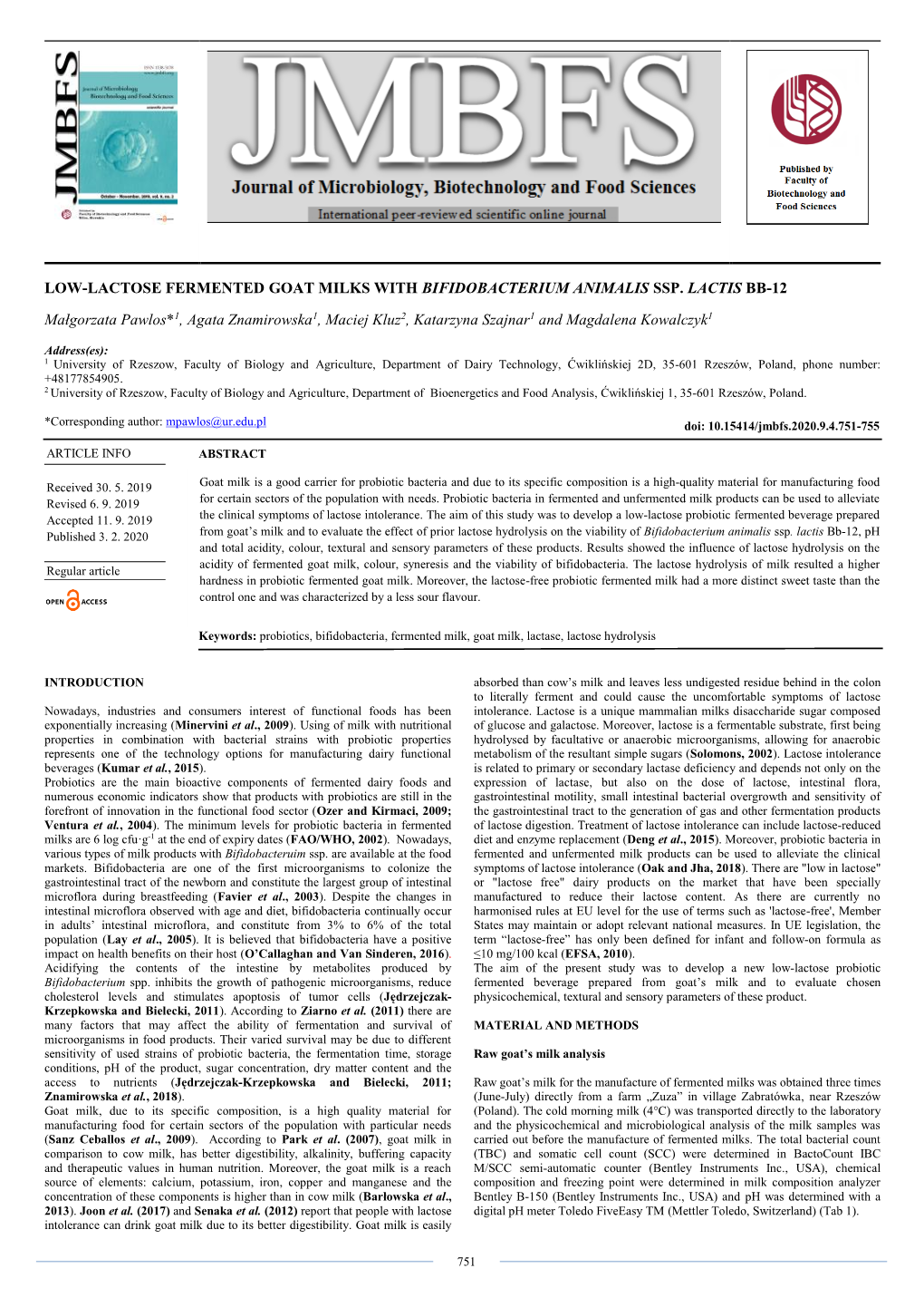 Low-Lactose Fermented Goat Milks with Bifidobacterium Animalis Ssp