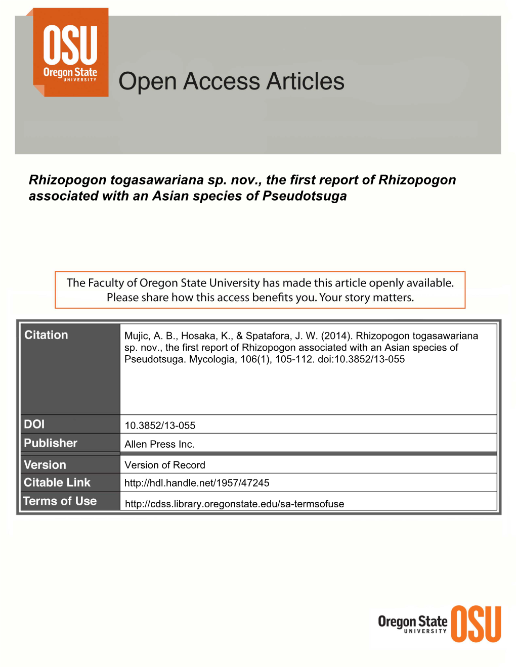 Rhizopogon Togasawariana Sp. Nov., the First Report of Rhizopogon Associated with an Asian Species of Pseudotsuga