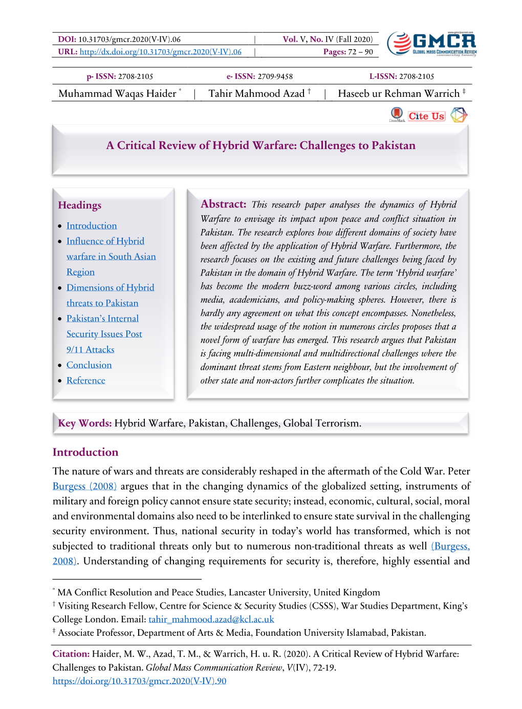 A Critical Review of Hybrid Warfare: Challenges to Pakistan Introduction