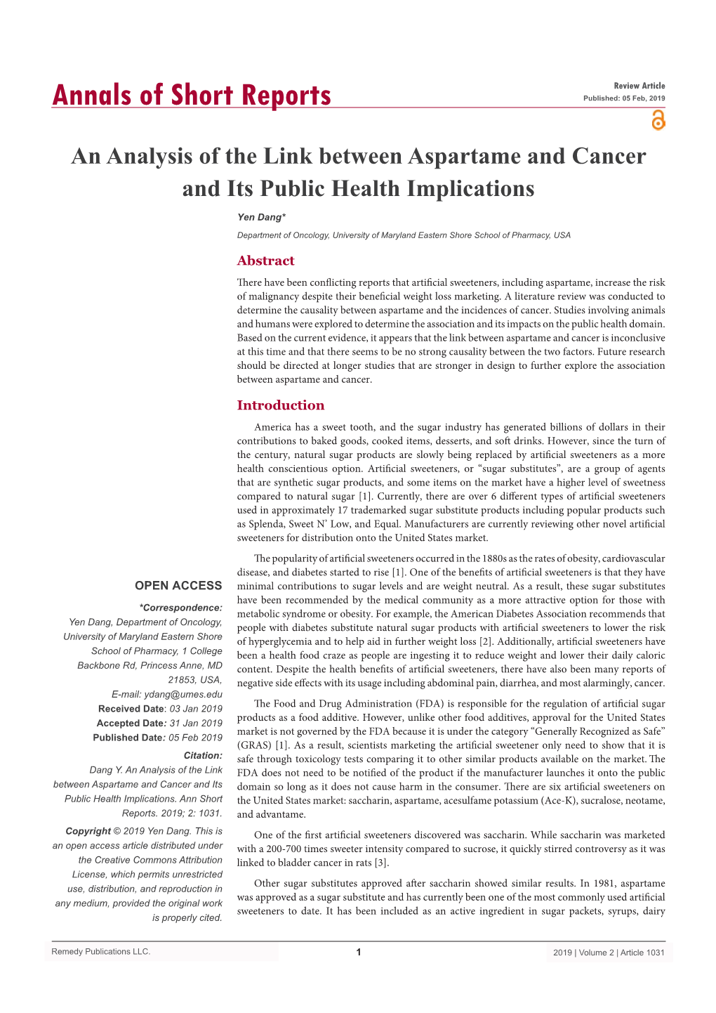 An Analysis of the Link Between Aspartame and Cancer and Its Public Health Implications