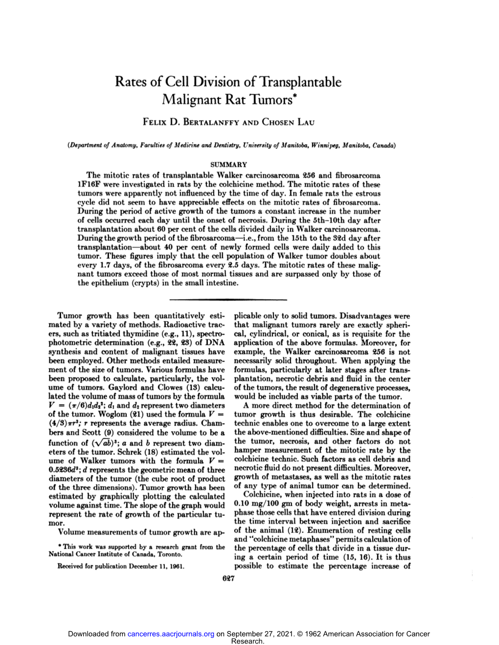 Rates of Cell Division of Transplantable Malignant Rat Tumors*