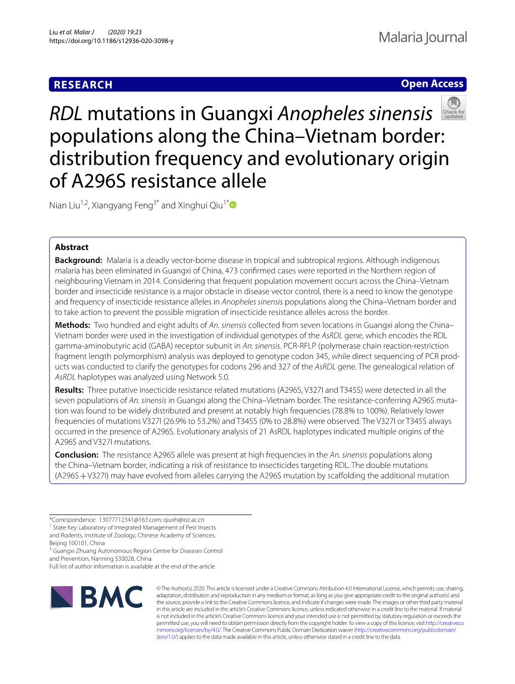 RDL Mutations in Guangxi Anopheles Sinensis Populations Along The