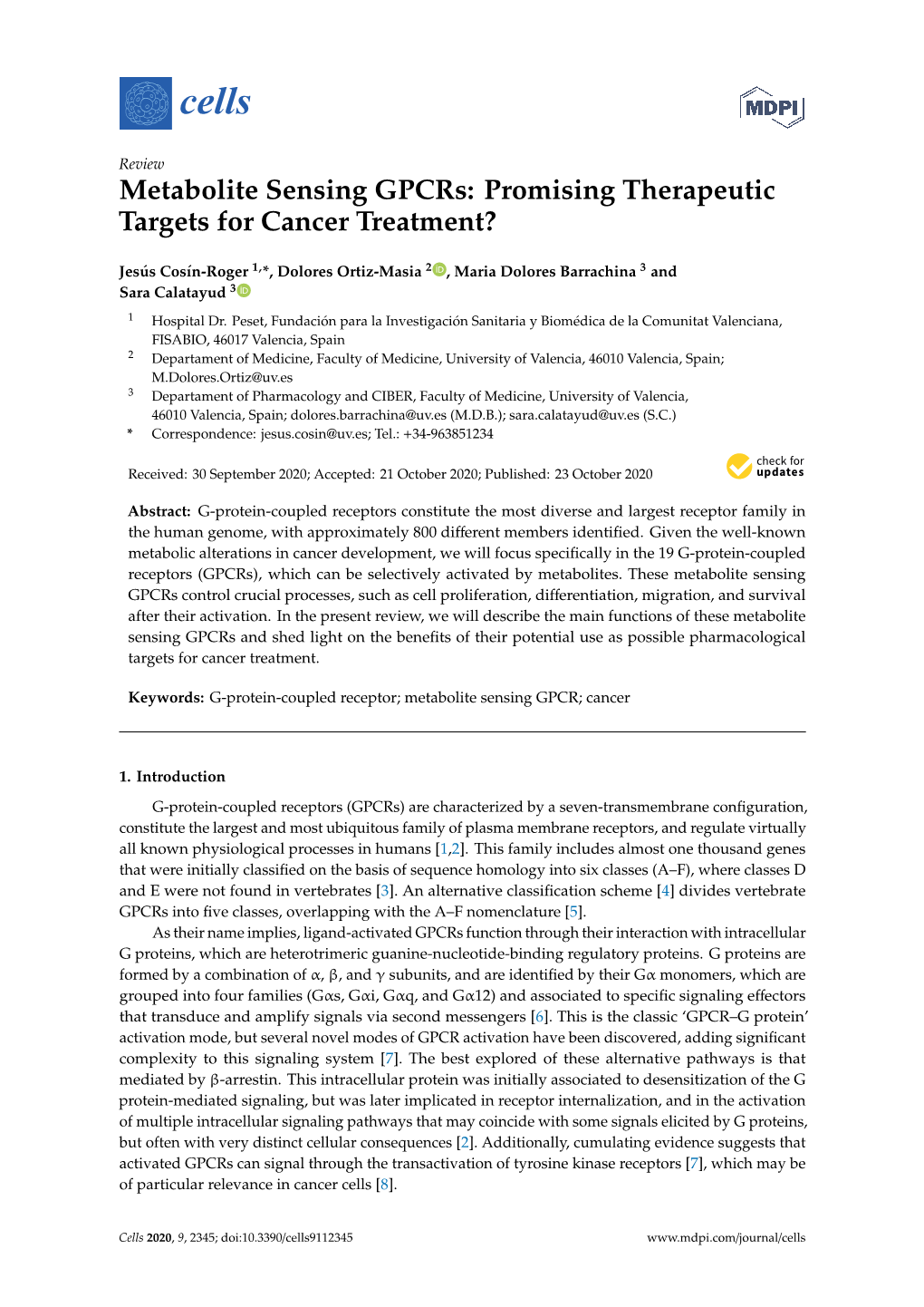 Metabolite Sensing Gpcrs: Promising Therapeutic Targets for Cancer Treatment?