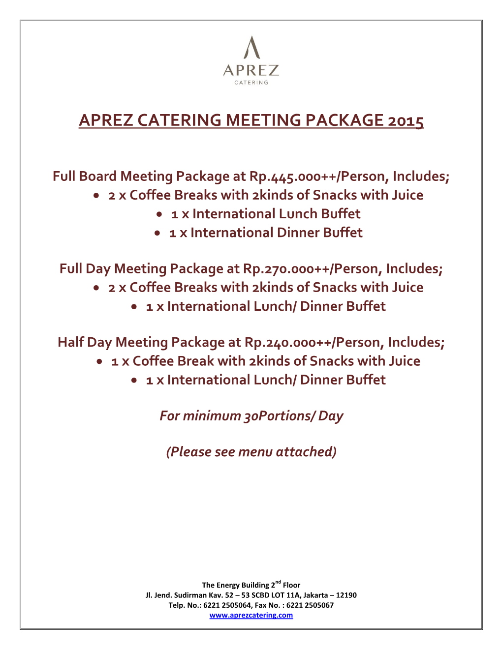 Aprez Catering Meeting Package 2015