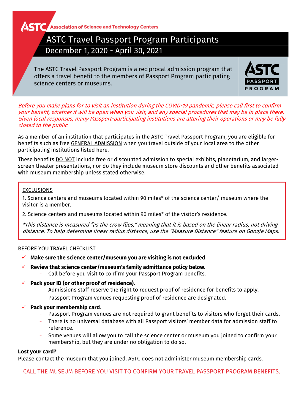 ASTC Travel Passport Program Participants December 1, 2020 - April 30, 2021