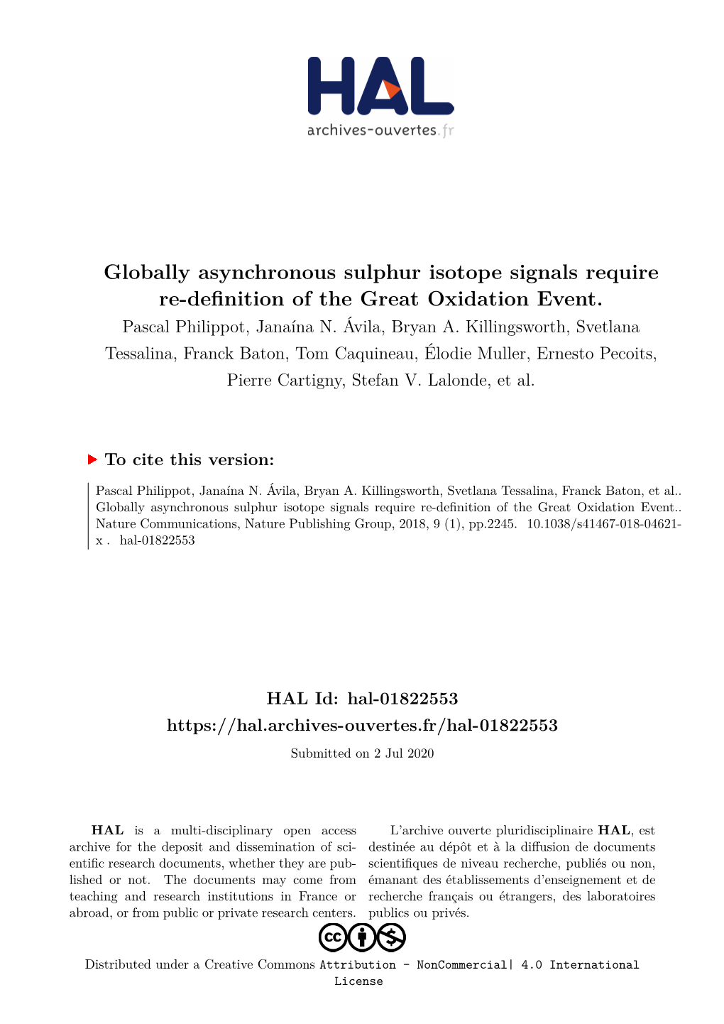 Globally Asynchronous Sulphur Isotope Signals Require Re-Definition of the Great Oxidation Event