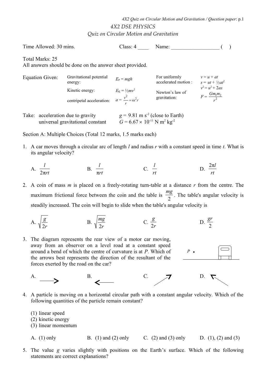 4X2 Quiz on Circular Motion and Gravitation / Question Paper : P.3