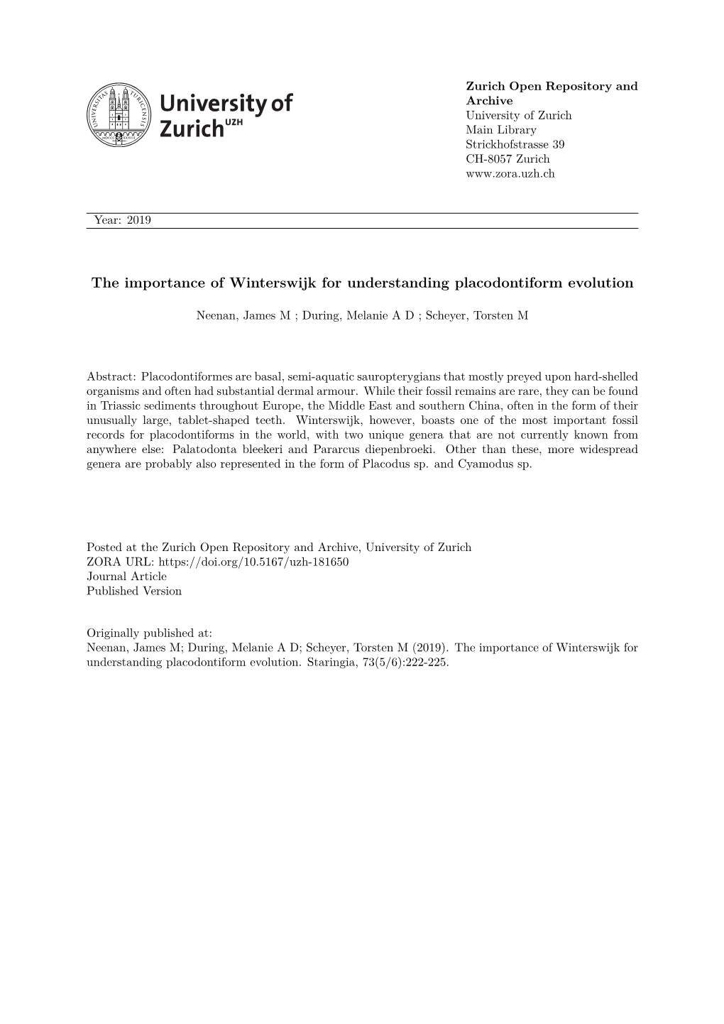 The Importance of Winterswijk for Under- Standing Placodontiform Evolution U Vindt Een Samenvatting Aan Het Eind Van De Tekst