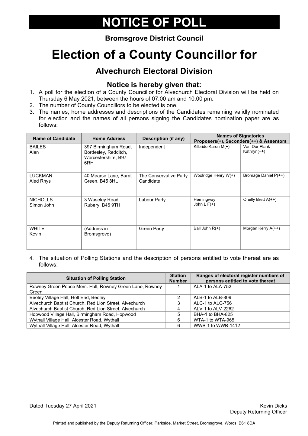 Notice of Poll Bromsgrove 2021