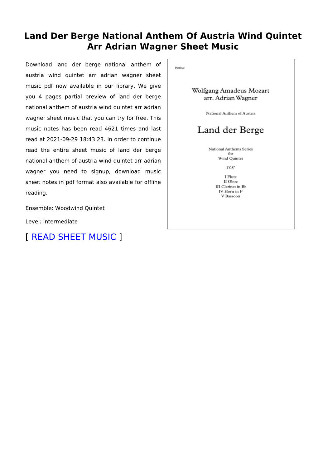 Land Der Berge National Anthem of Austria Wind Quintet Arr Adrian Wagner Sheet Music