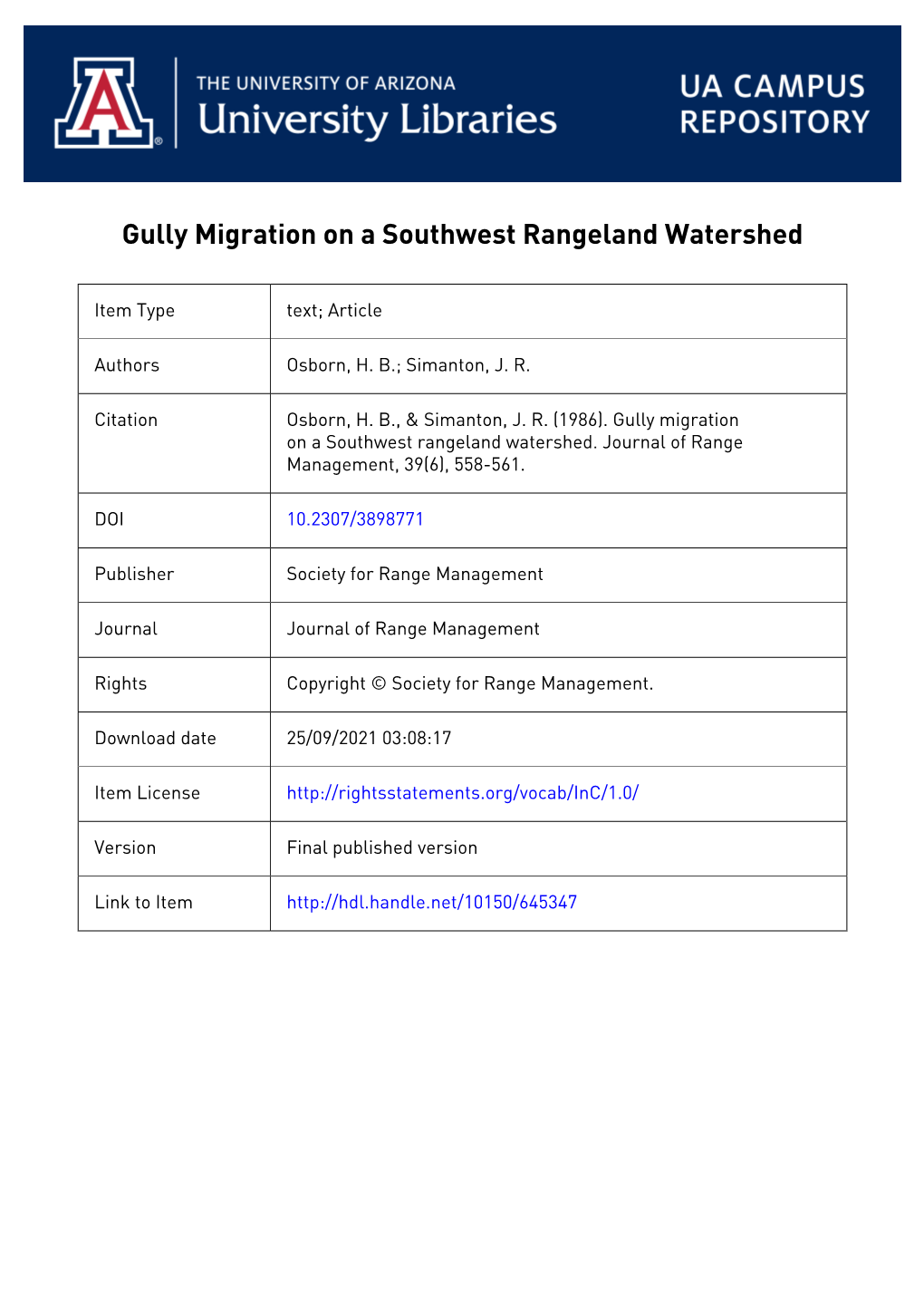 Gully Migration on a Southwest Rangeland Watershed