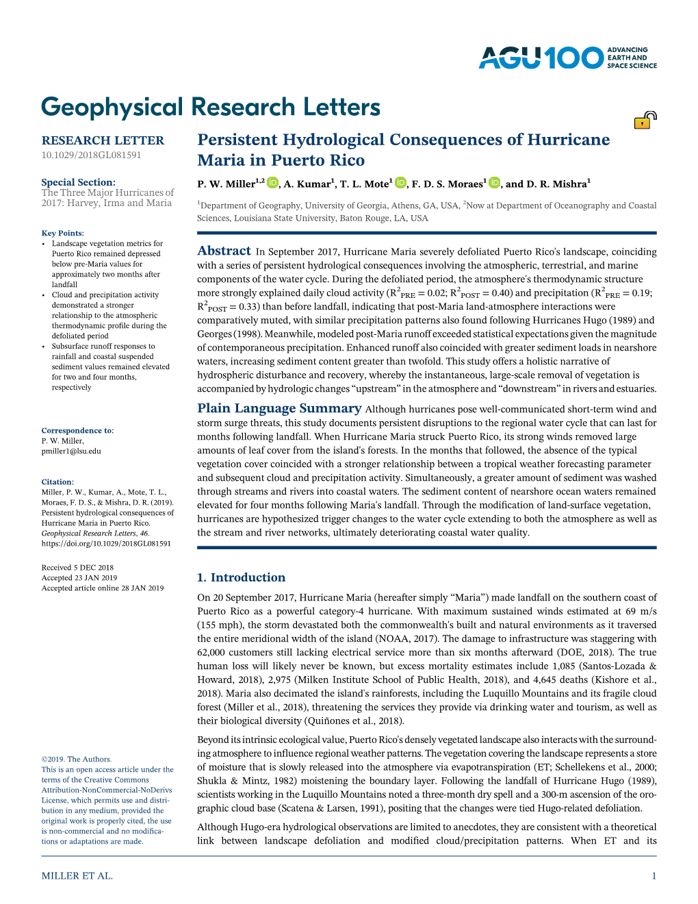 Persistent Hydrological Consequences of Hurricane Maria in Puerto Rico