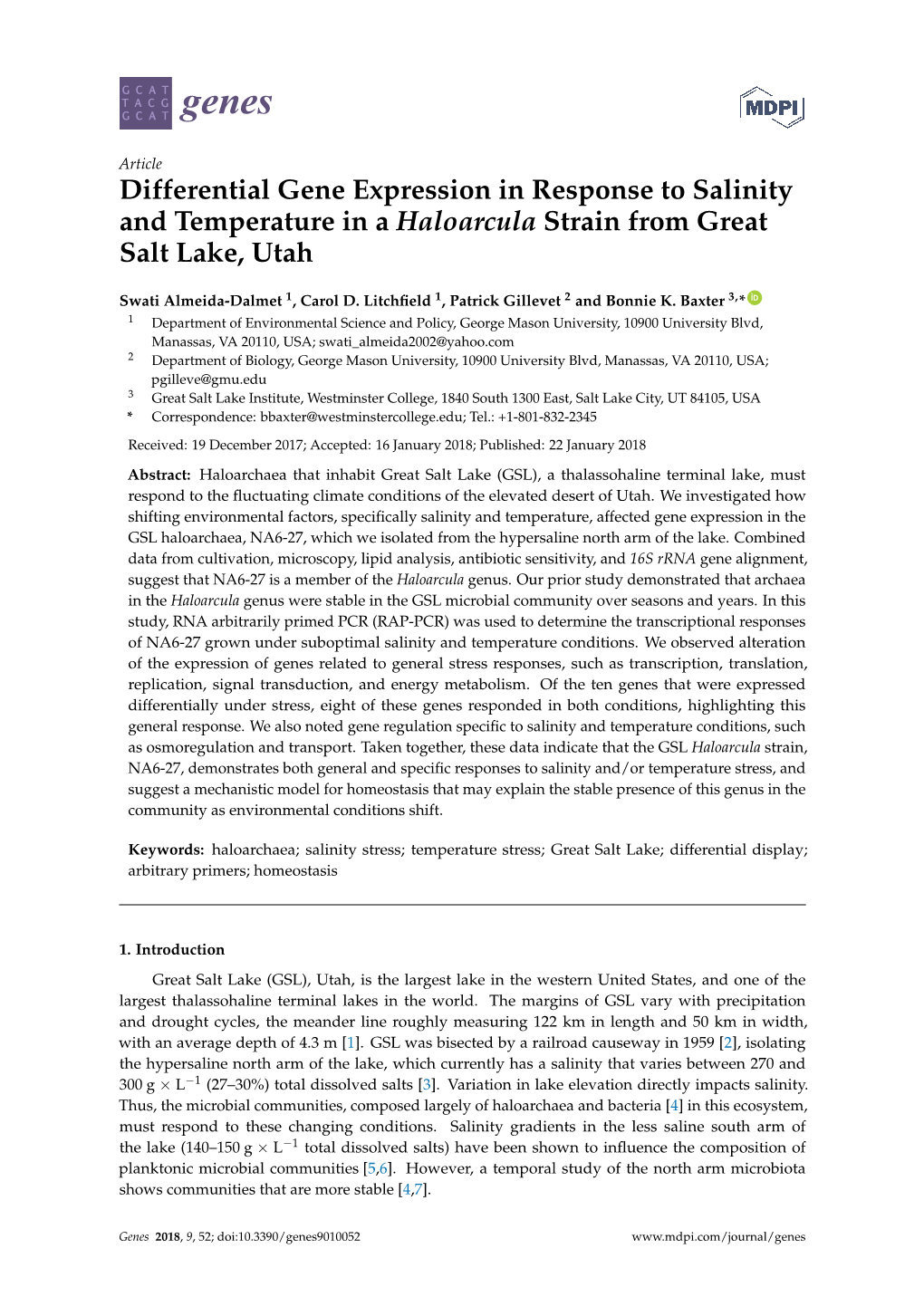Differential Gene Expression in Response to Salinity and Temperature in a Haloarcula Strain from Great Salt Lake, Utah
