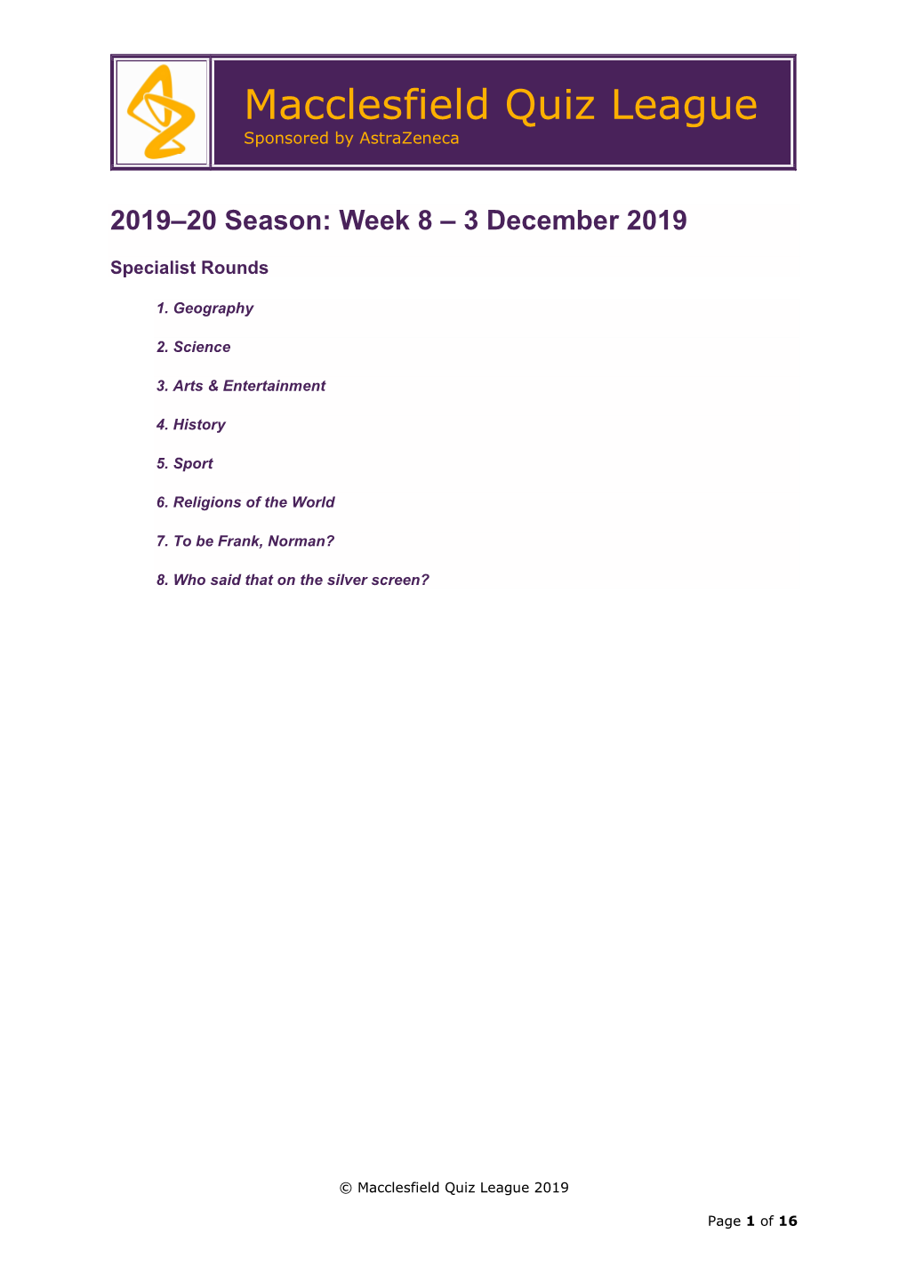 2019–20 Season: Week 8 – 3 December 2019