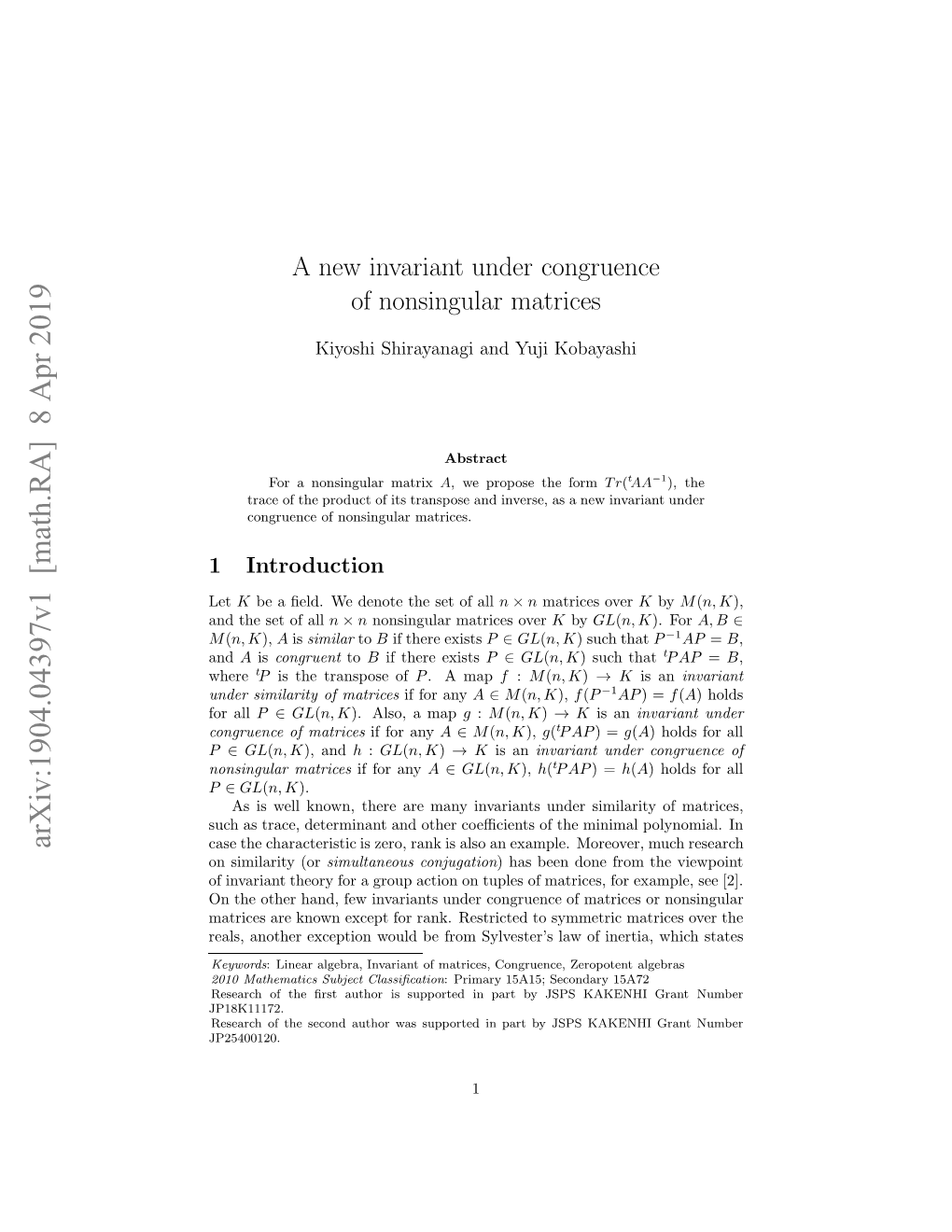 A New Invariant Under Congruence of Nonsingular Matrices