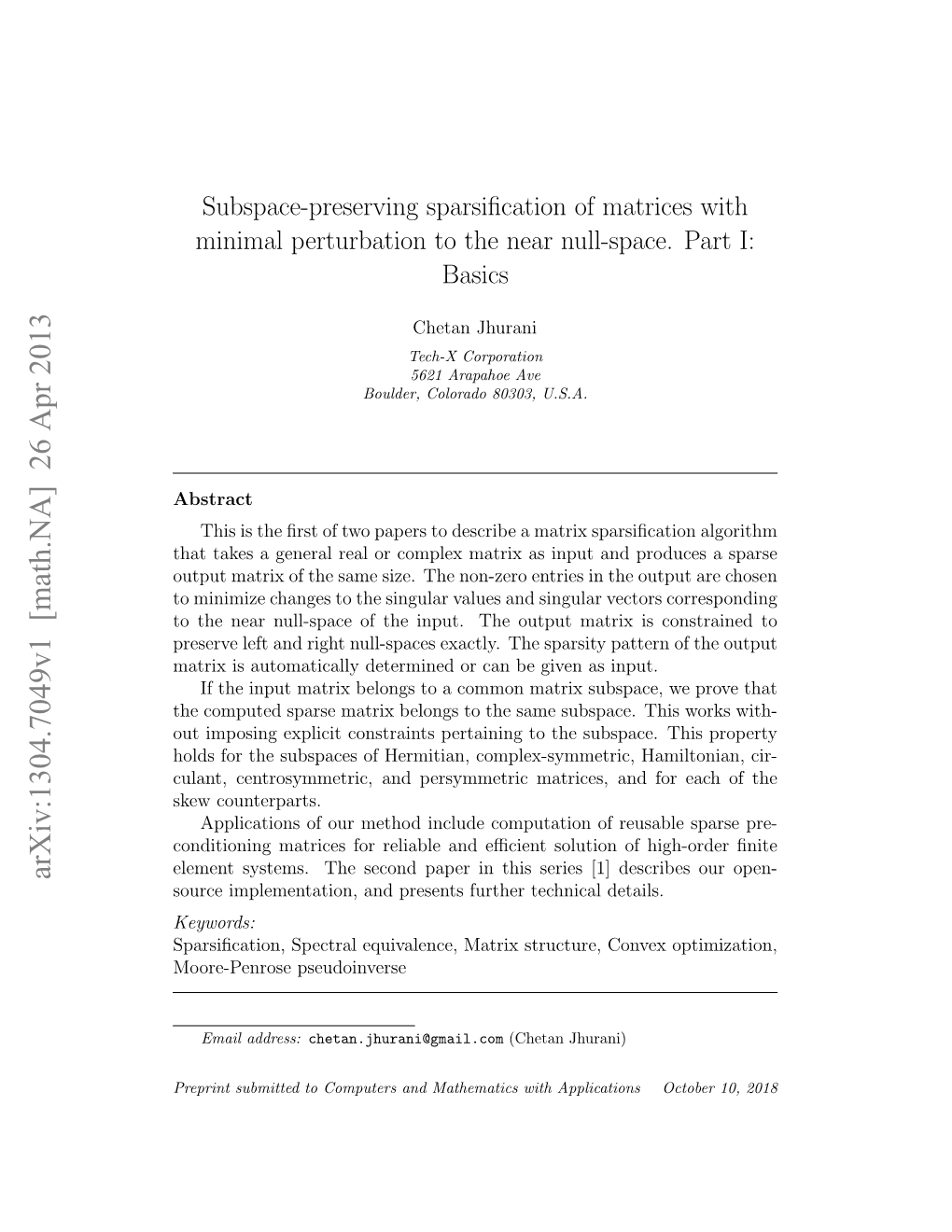 Subspace-Preserving Sparsification of Matrices with Minimal Perturbation