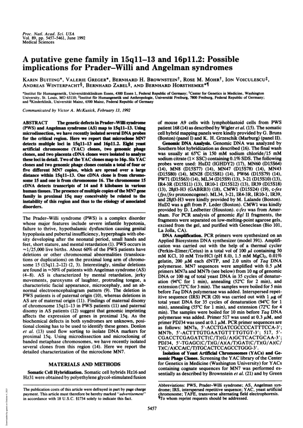 Possible Implications for Prader-Willi and Angelman Syndromes KARIN Buiting*, VALERIE GREGER*, BERNHARD H