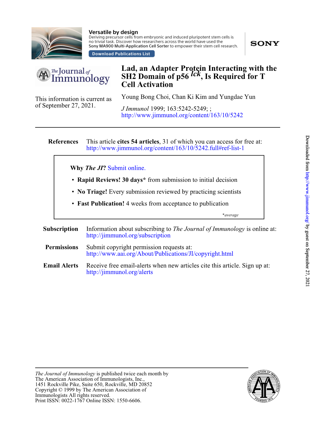 Cell Activation , Is Required for T Lck SH2 Domain of P56 Lad, An