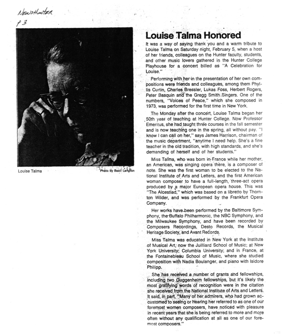 Louise Talma Honored