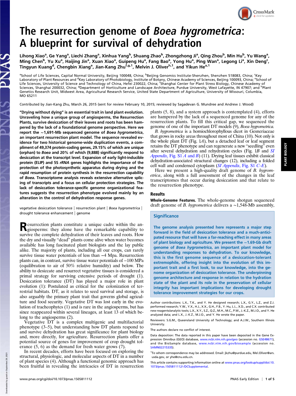 The Resurrection Genome of Boea Hygrometrica: a Blueprint for Survival of Dehydration