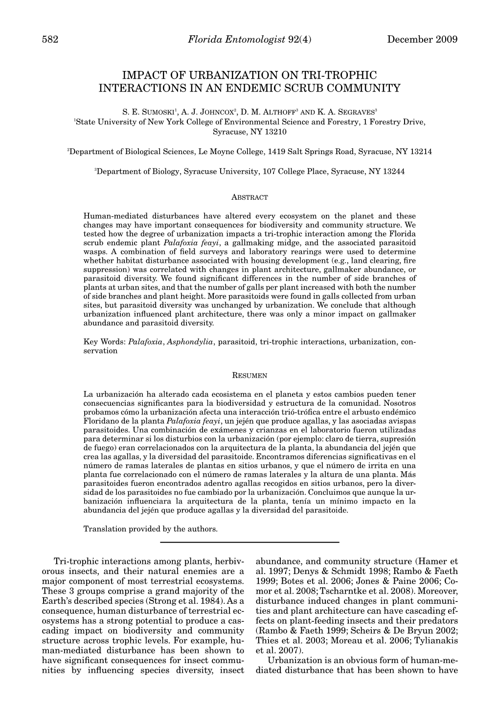 Impact of Urbanization on Tri-Trophic Interactions in an Endemic Scrub Community