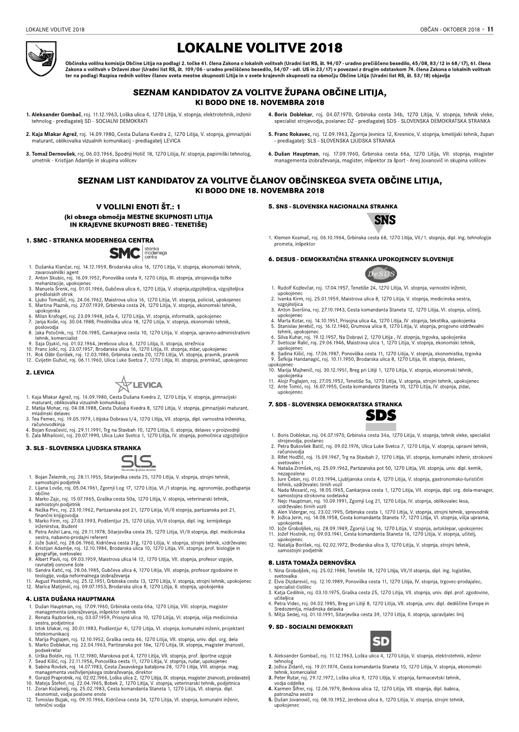 LOKALNE VOLITVE 2018 OBČAN - OKTOBER 2018  11 LOKALNE VOLITVE 2018 Občinska Volilna Komisija Občine Litija Na Podlagi 2