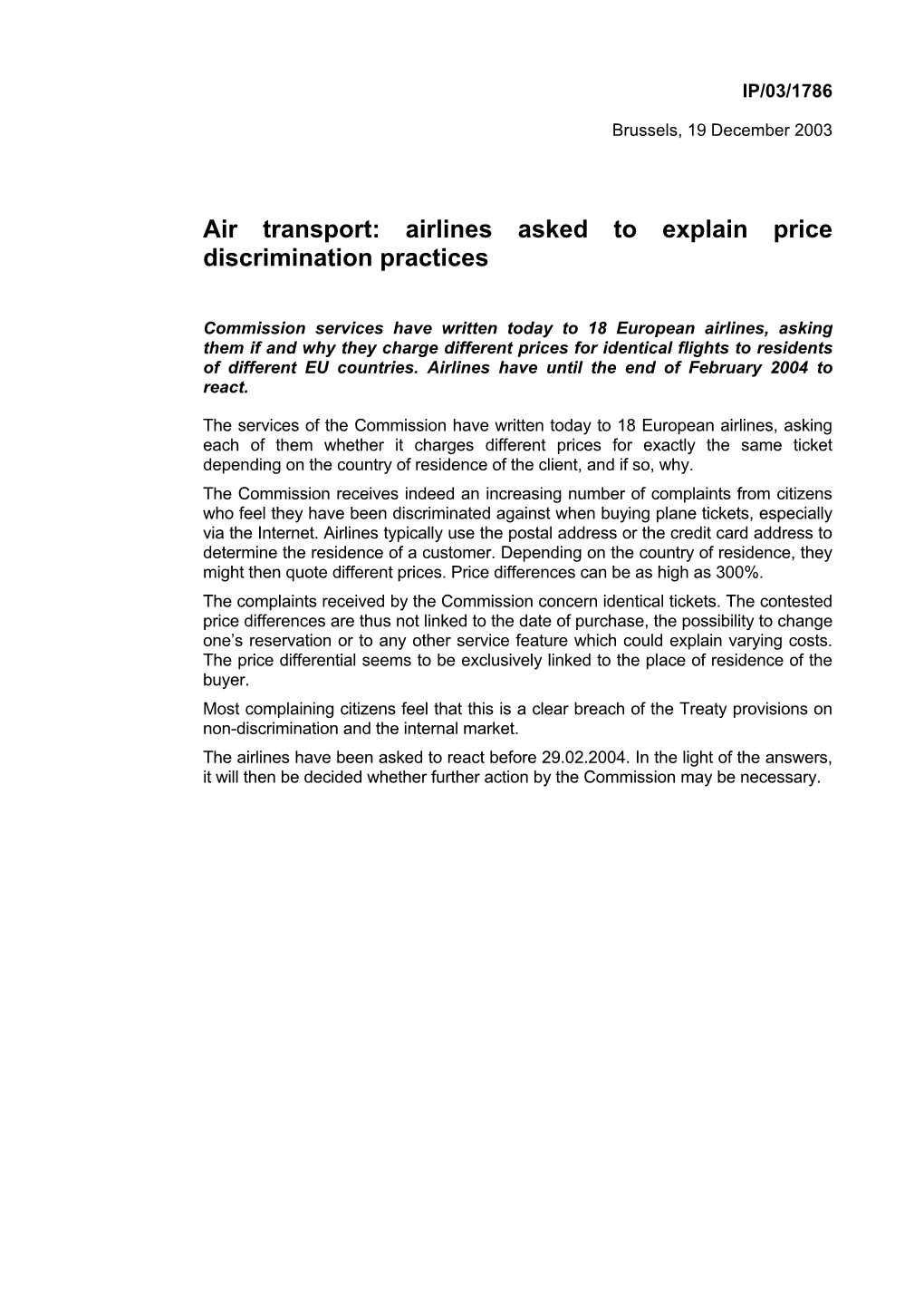 Air Transport: Airlines Asked to Explain Price Discrimination Practices
