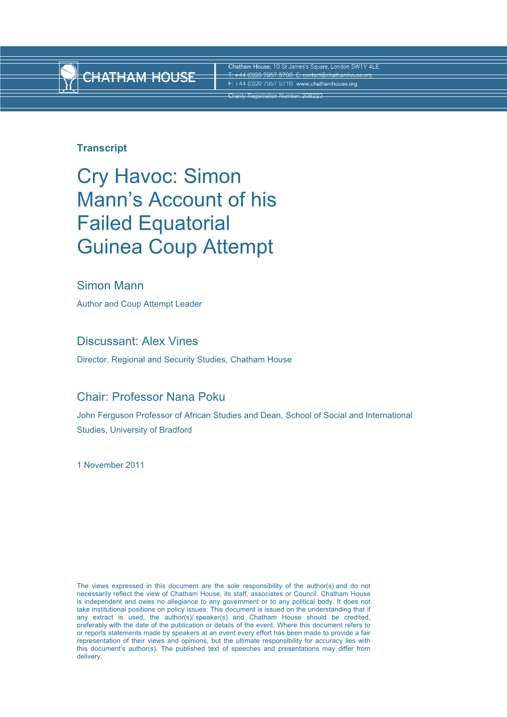 Cry Havoc: Simon Mann's Account of His Failed Equatorial Guinea Coup