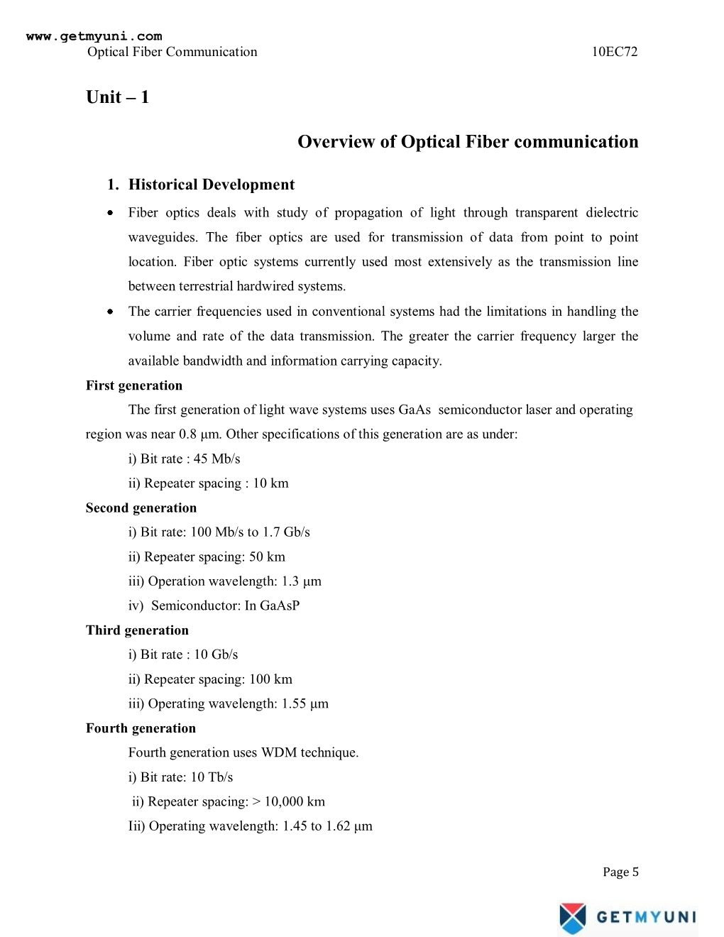 Unit – 1 Overview of Optical Fiber Communication