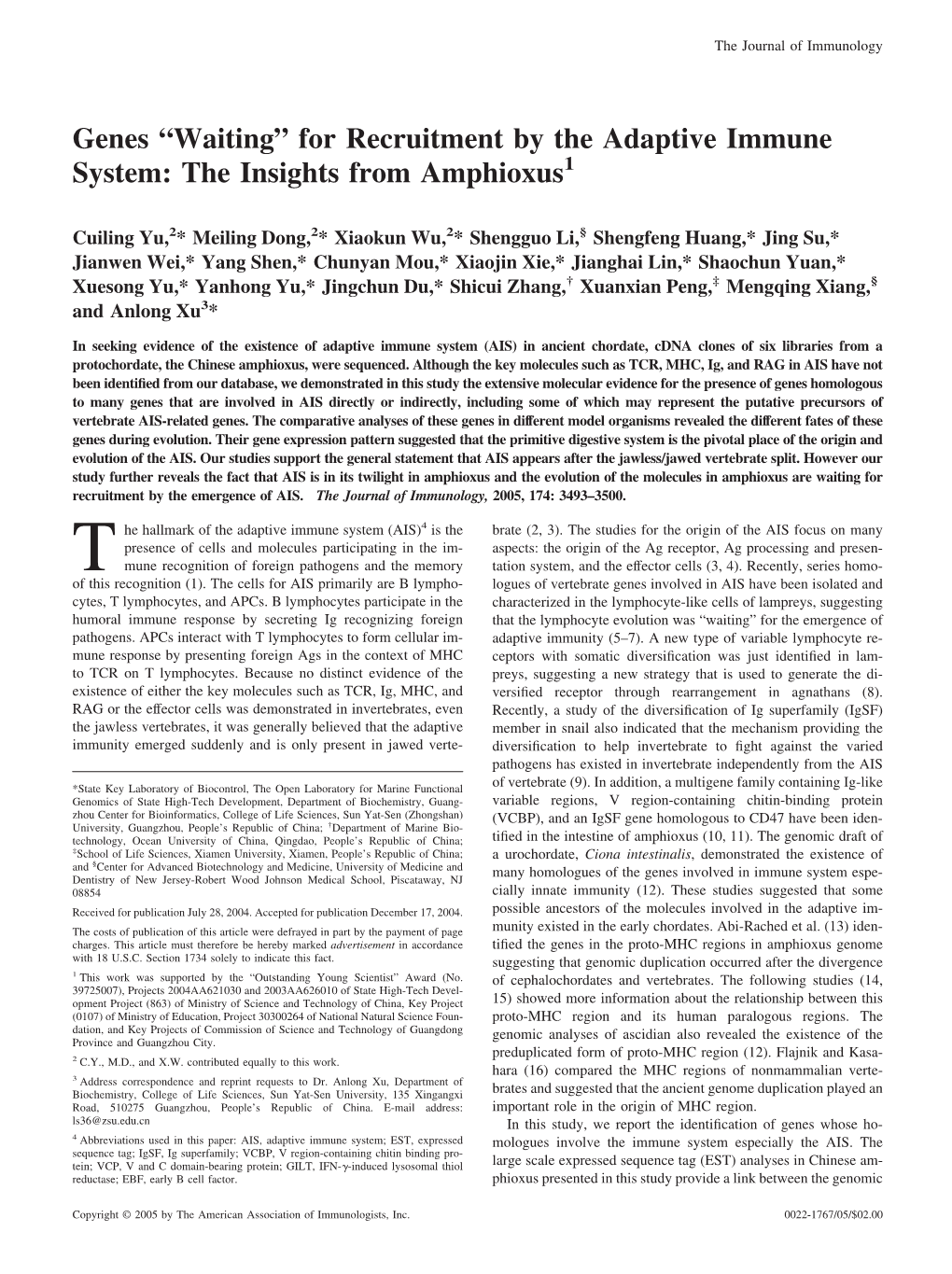 Amphioxus Adaptive Immune System: the Insights from Genes